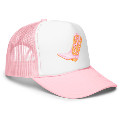 Light Pink & Orange Cowboy Boot Watercolor Printed Trucker Hat | Various Colors