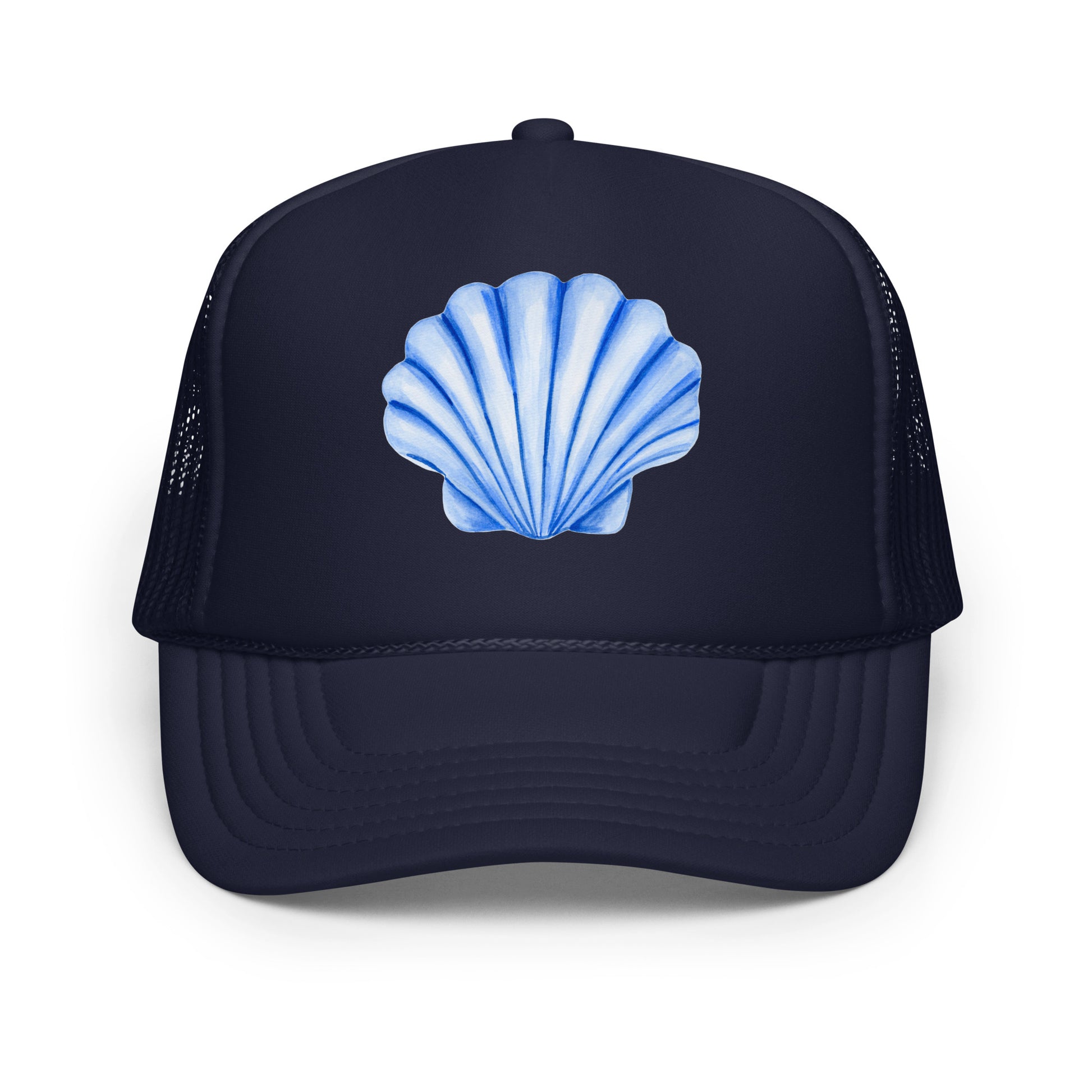 Blue Sea Shell Watercolor Illustrated Trucker Hat | 7 Colors Navy