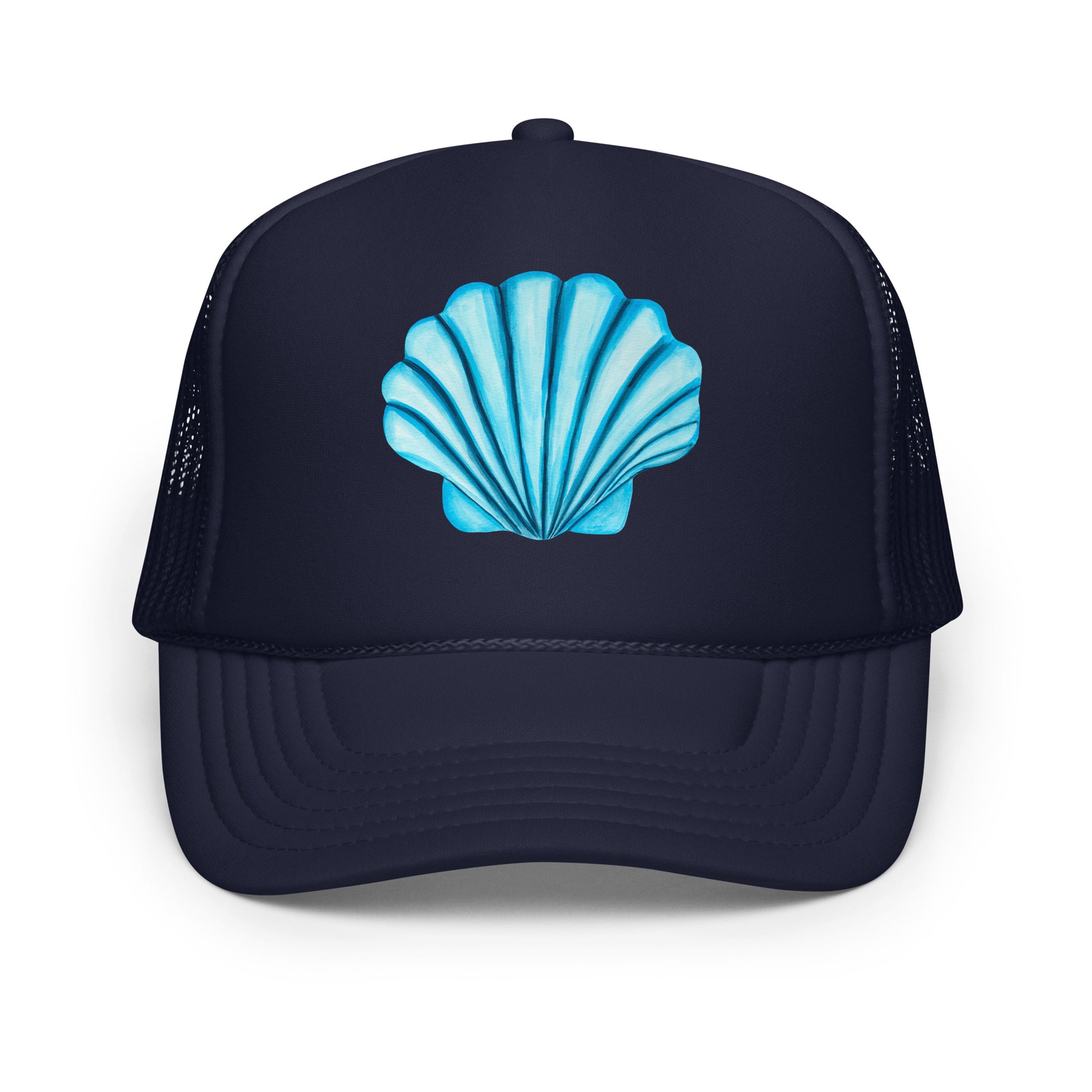 Turquoise Blue Sea Shell Watercolor Illustrated Trucker Hat | 6 Colors Navy