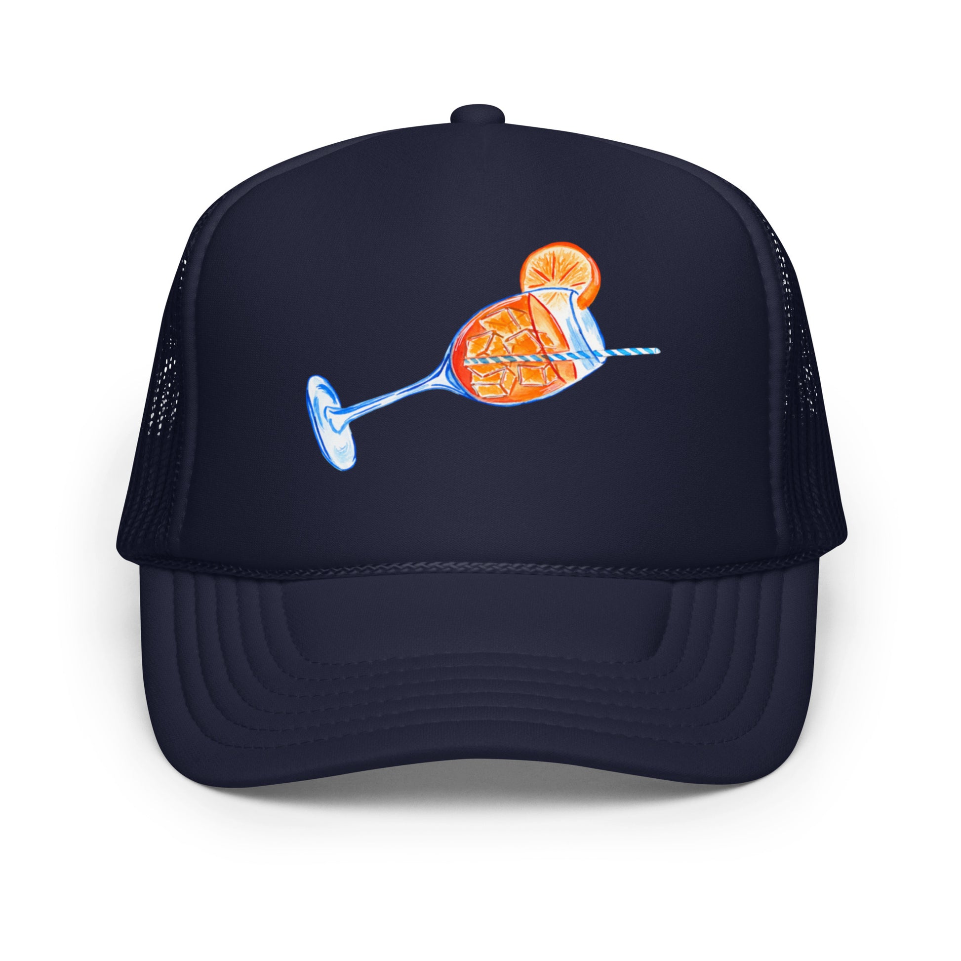 Aperol Spritz Watercolor Illustrated Trucker Hat Navy