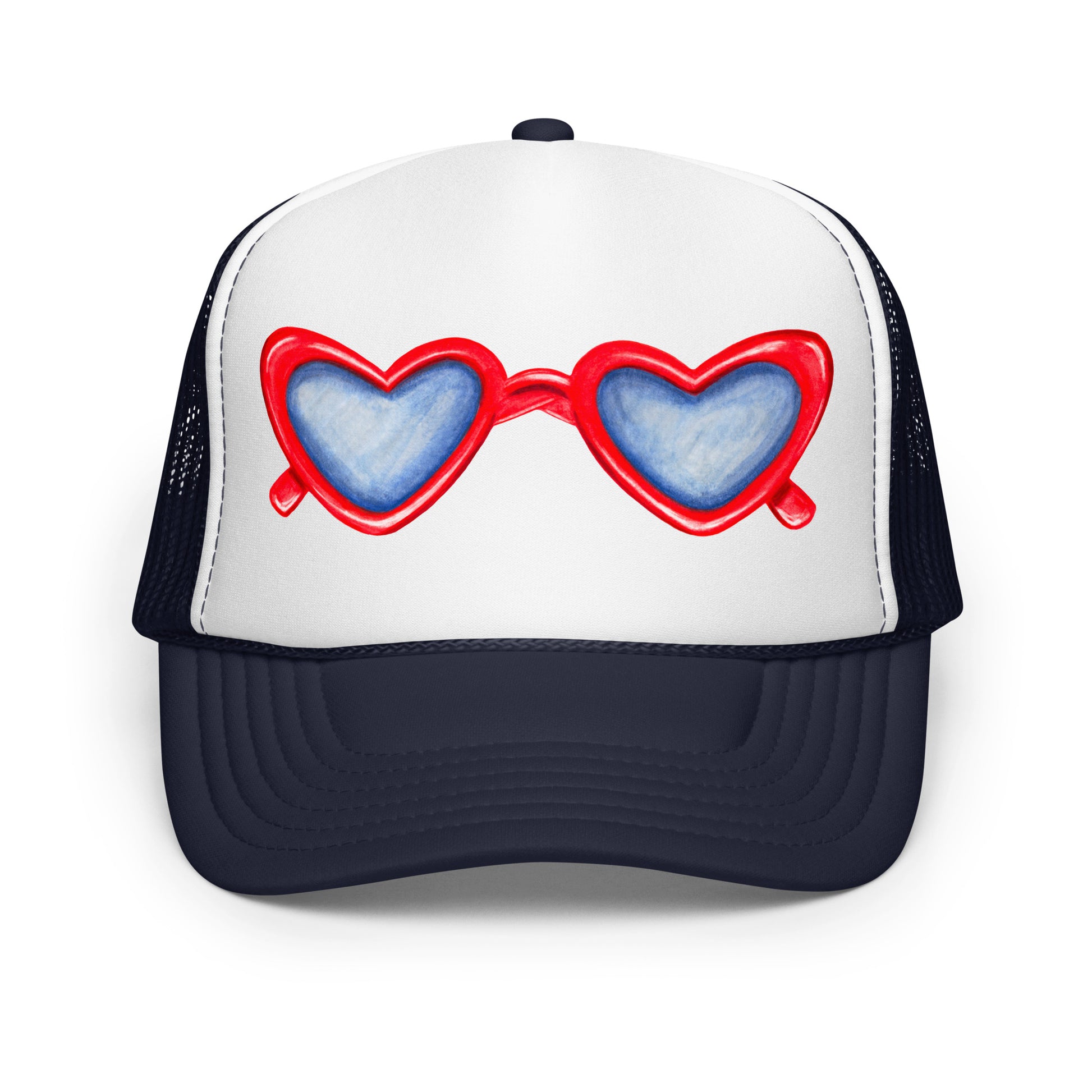 Red Heart Shaped Sunglasses Watercolor Illustration Trucker Hat | 4 Colors Navy & White