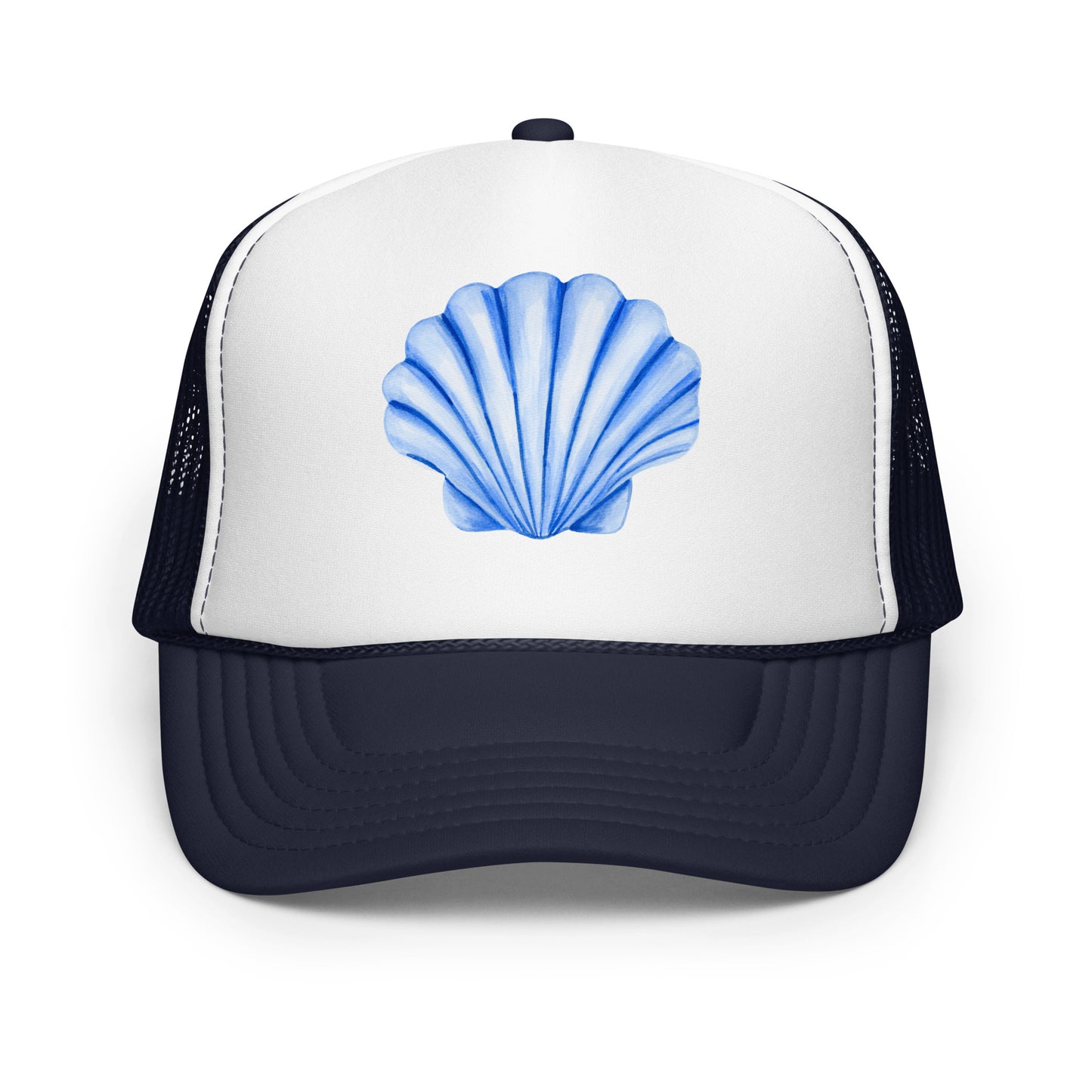 Blue Sea Shell Watercolor Illustrated Trucker Hat | 7 Colors Navy & White