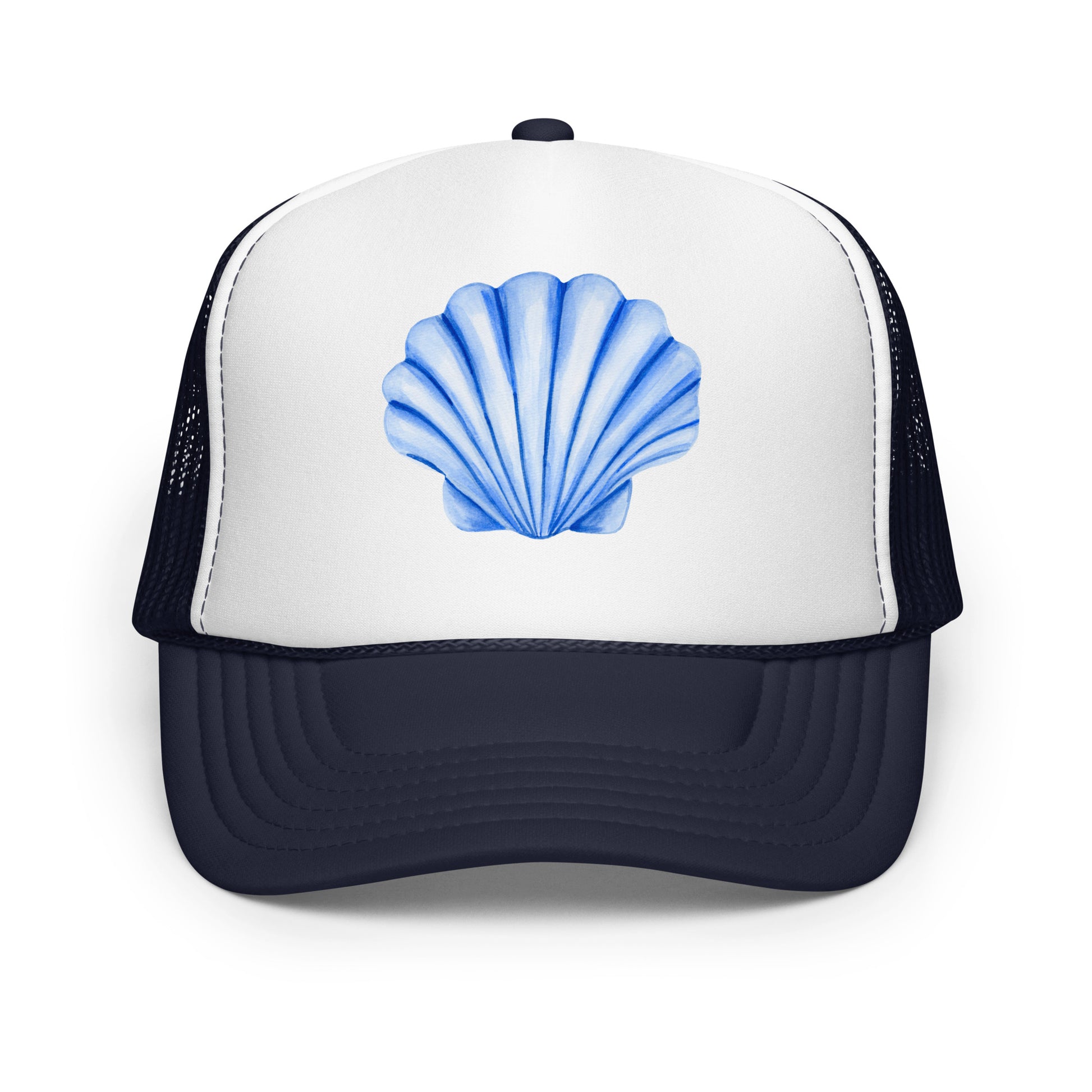 Blue Sea Shell Watercolor Illustrated Trucker Hat | 7 Colors Navy & White