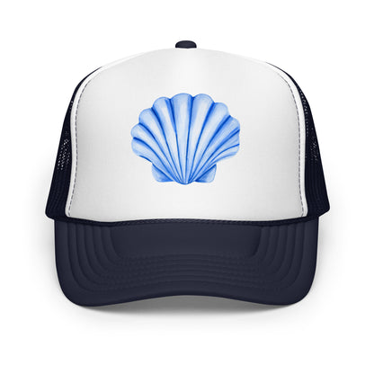 Blue Sea Shell Watercolor Illustrated Trucker Hat | 7 Colors Navy & White