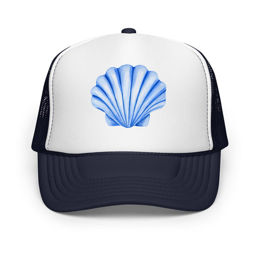Blue Sea Shell Watercolor Illustrated Trucker Hat | 7 Colors Navy & White