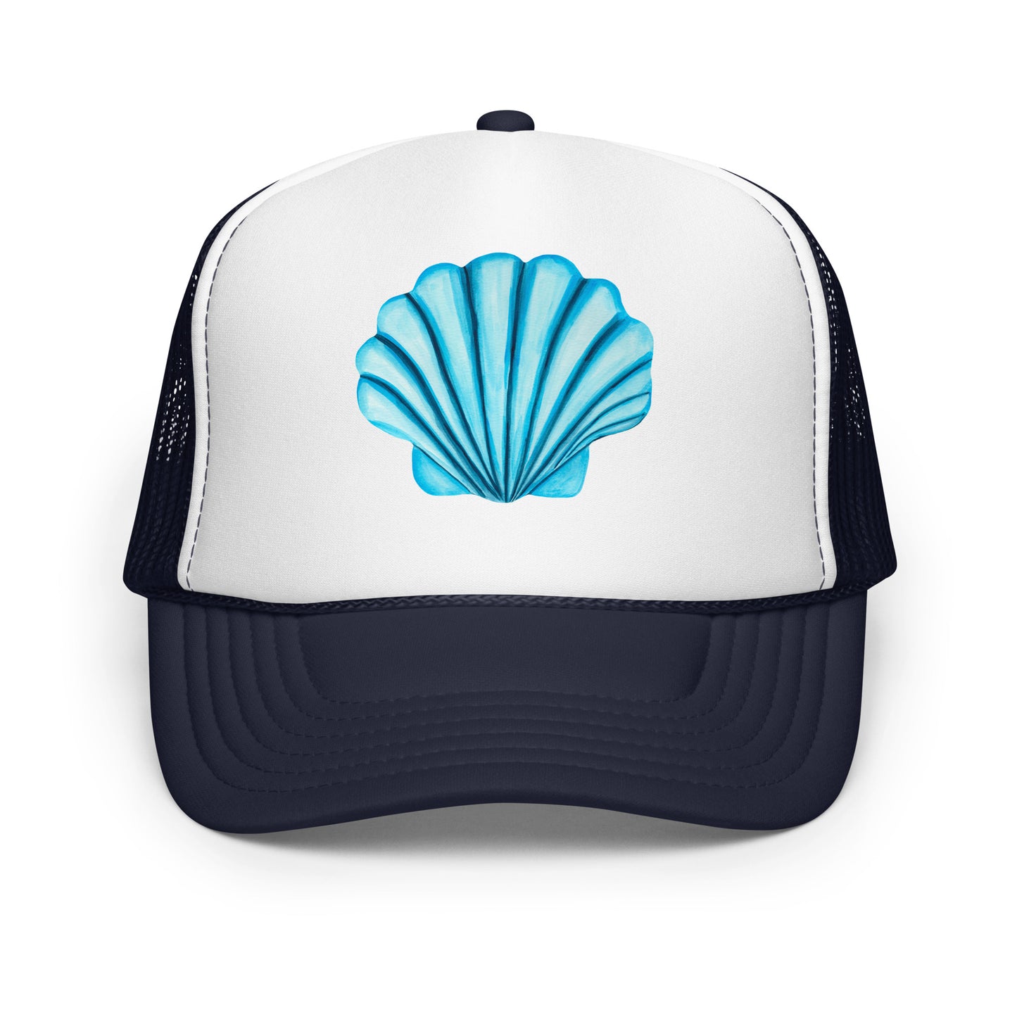 Turquoise Blue Sea Shell Watercolor Illustrated Trucker Hat | 6 Colors Navy & White