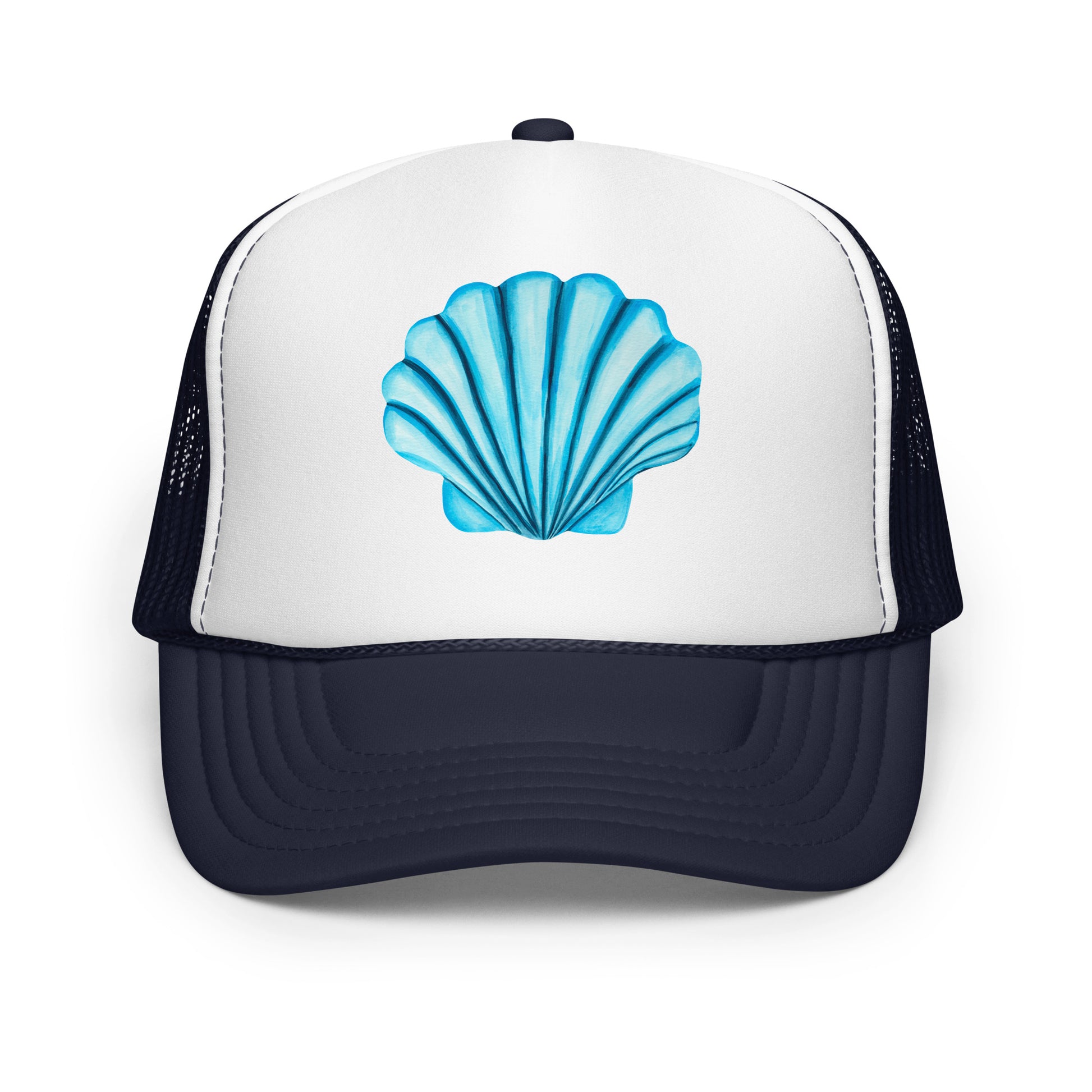 Turquoise Blue Sea Shell Watercolor Illustrated Trucker Hat | 6 Colors Navy & White