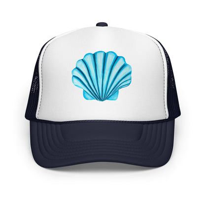 Turquoise Blue Sea Shell Watercolor Illustrated Trucker Hat | 6 Colors Navy & White