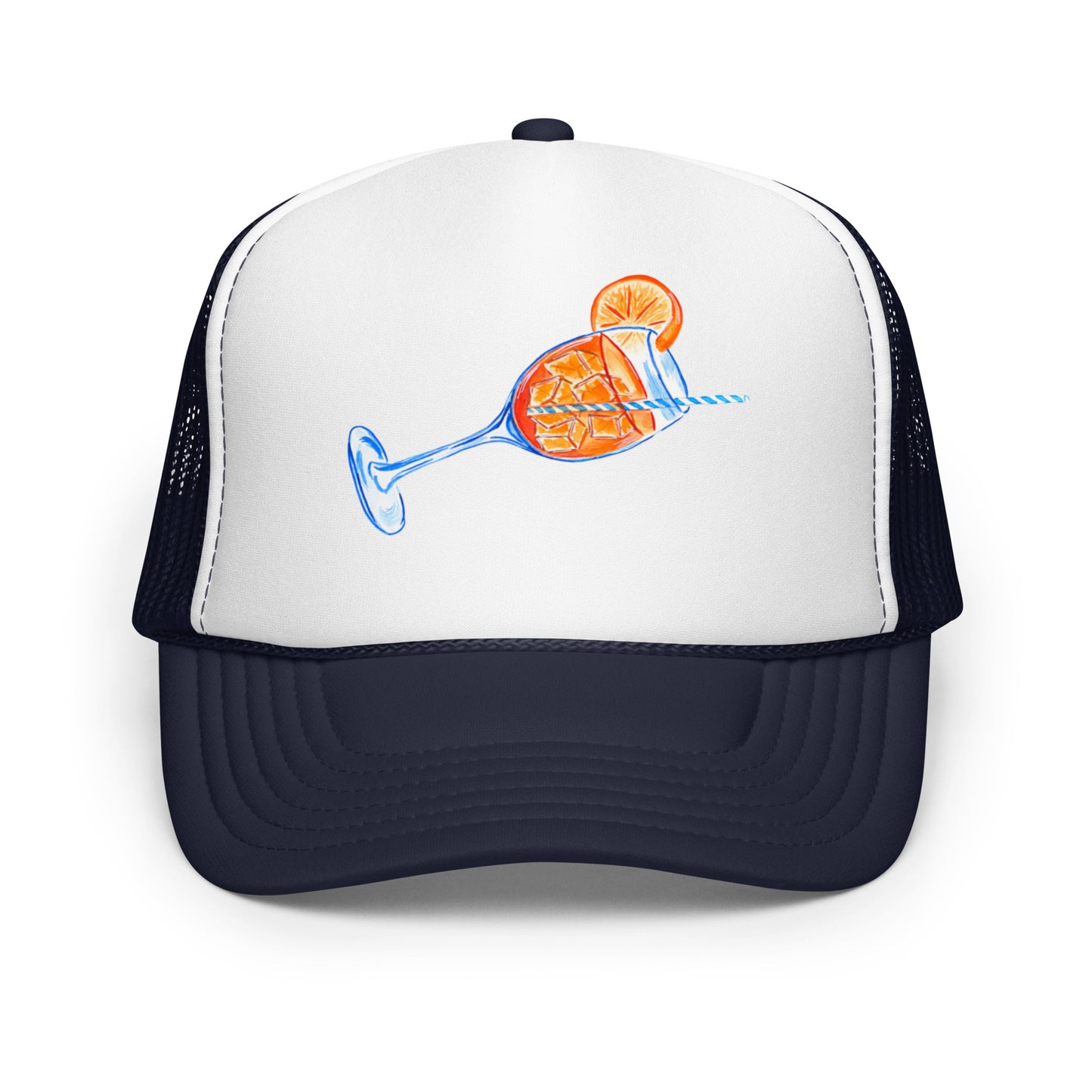 Aperol Spritz Watercolor Illustrated Trucker Hat Navy White Navy