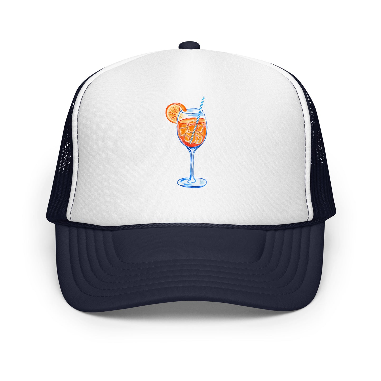 Aperol Spritz Watercolor Illustrated Trucker Hat Navy White Navy
