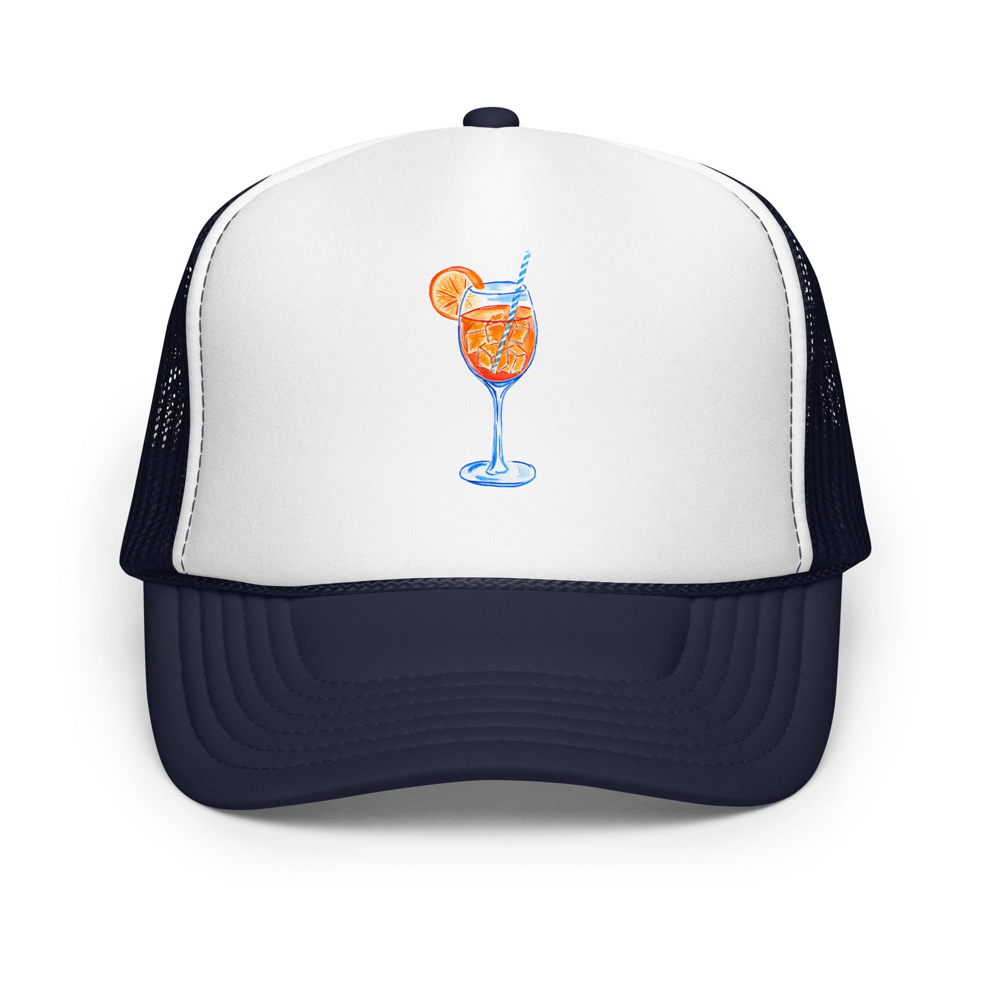 Aperol Spritz Watercolor Illustrated Trucker Hat Navy White Navy