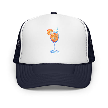 Aperol Spritz Watercolor Illustrated Trucker Hat Navy White Navy