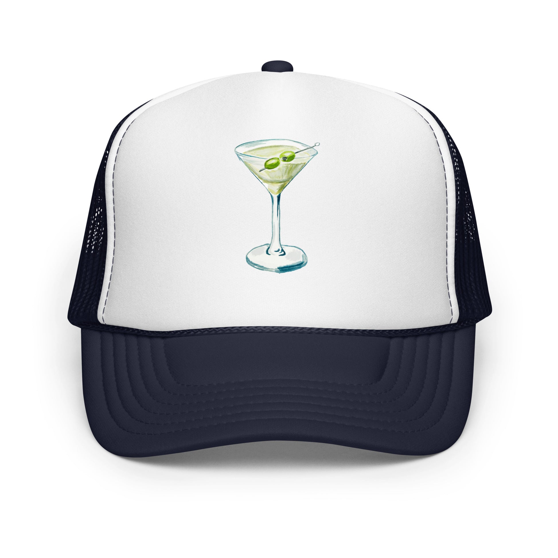 Martini Watercolor Illustrated Trucker Hat Navy White Navy