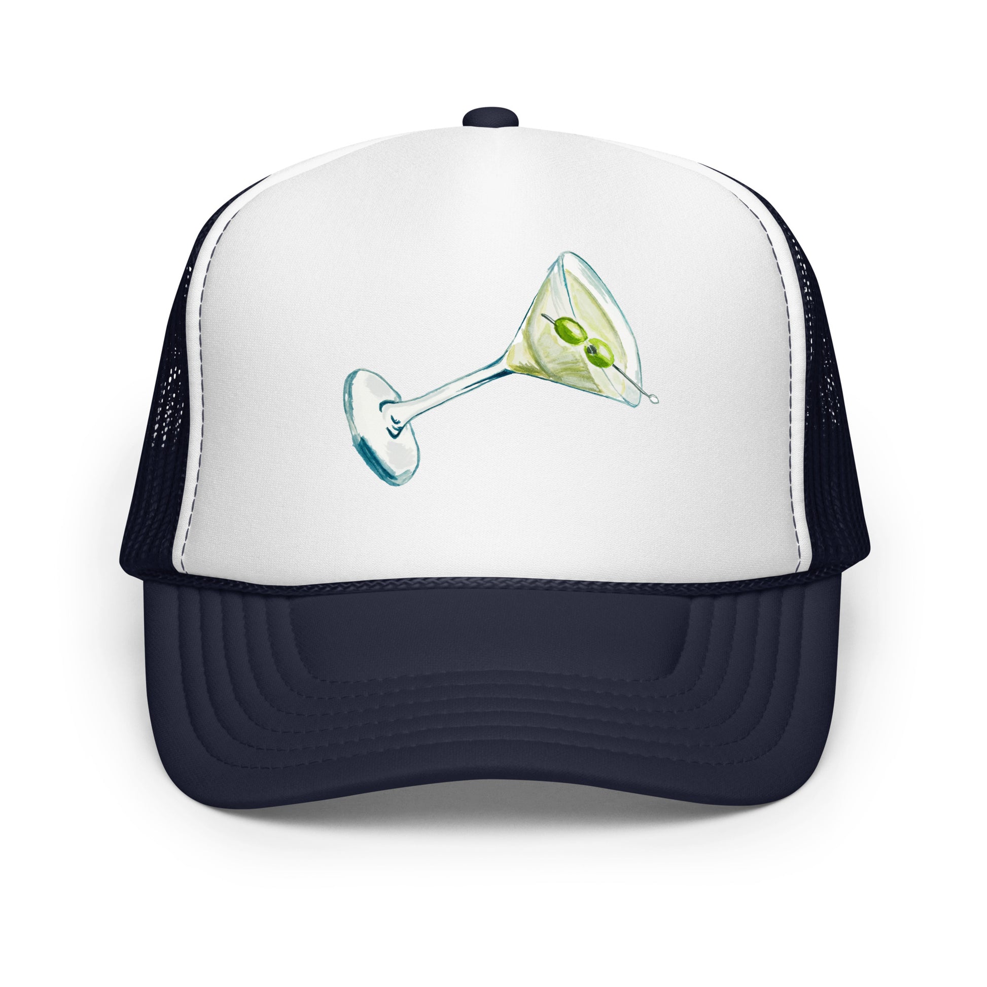Martini Watercolor Illustrated Trucker Hat Navy White Navy