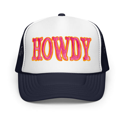 Howdy Hot Pink & Orange Watercolor Illustrated Trucker Hat Navy White Navy