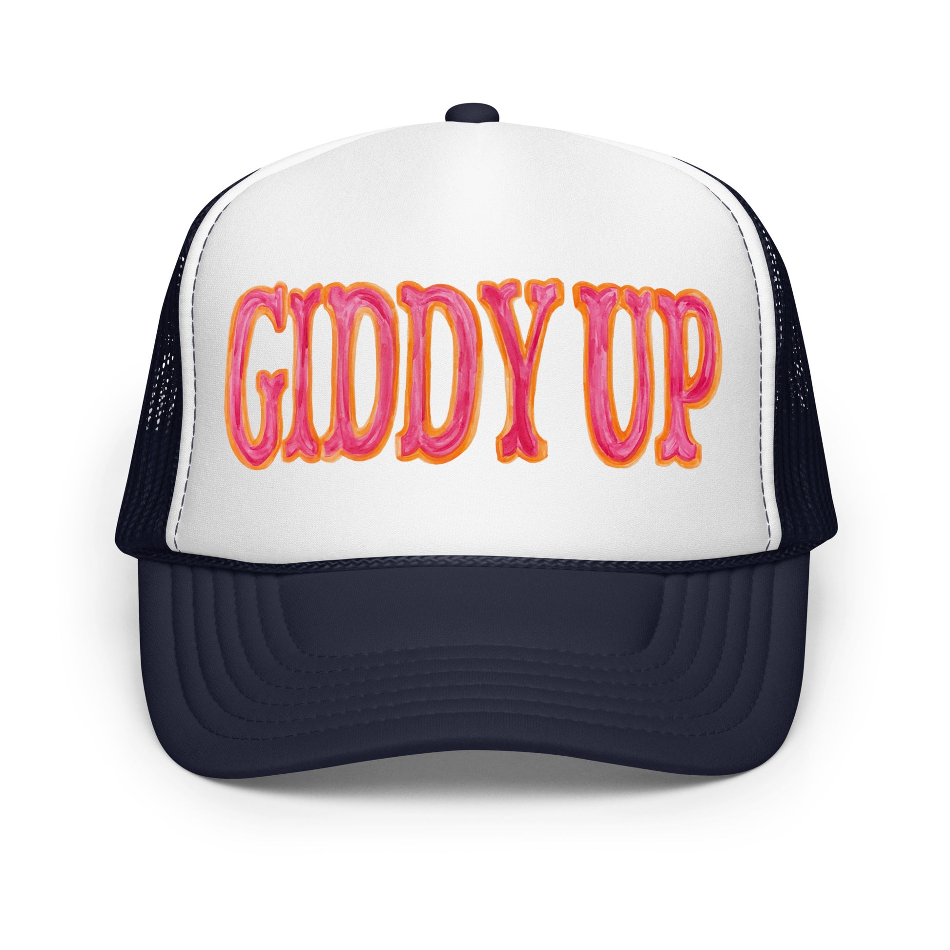 Giddy Up Hot Pink & Orange Watercolor Illustrated Trucker Hat Navy White Navy