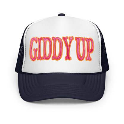 Giddy Up Hot Pink & Orange Watercolor Illustrated Trucker Hat Navy White Navy