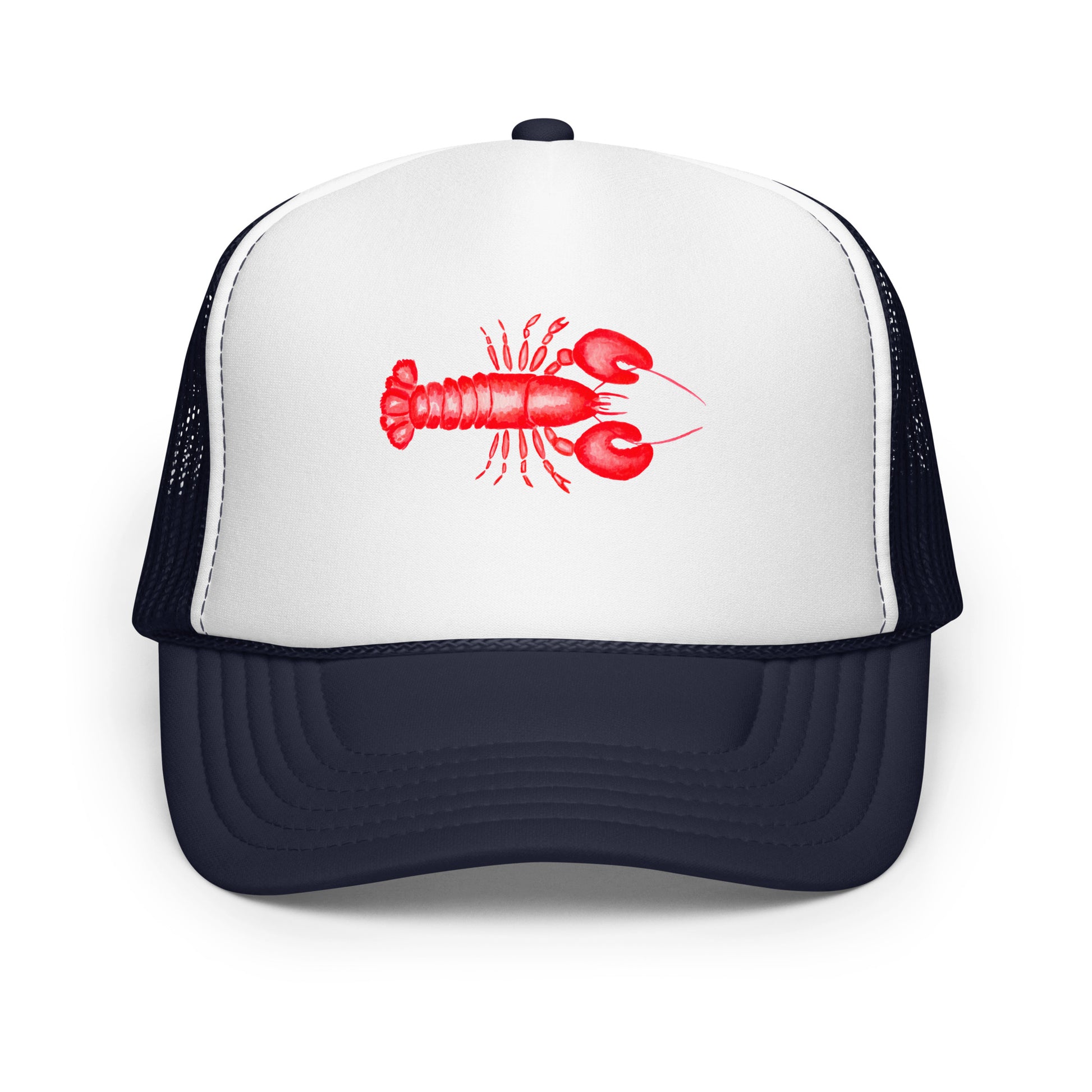 Mini Red Lobster Watercolor Illustrated Trucker Hat Navy White Navy