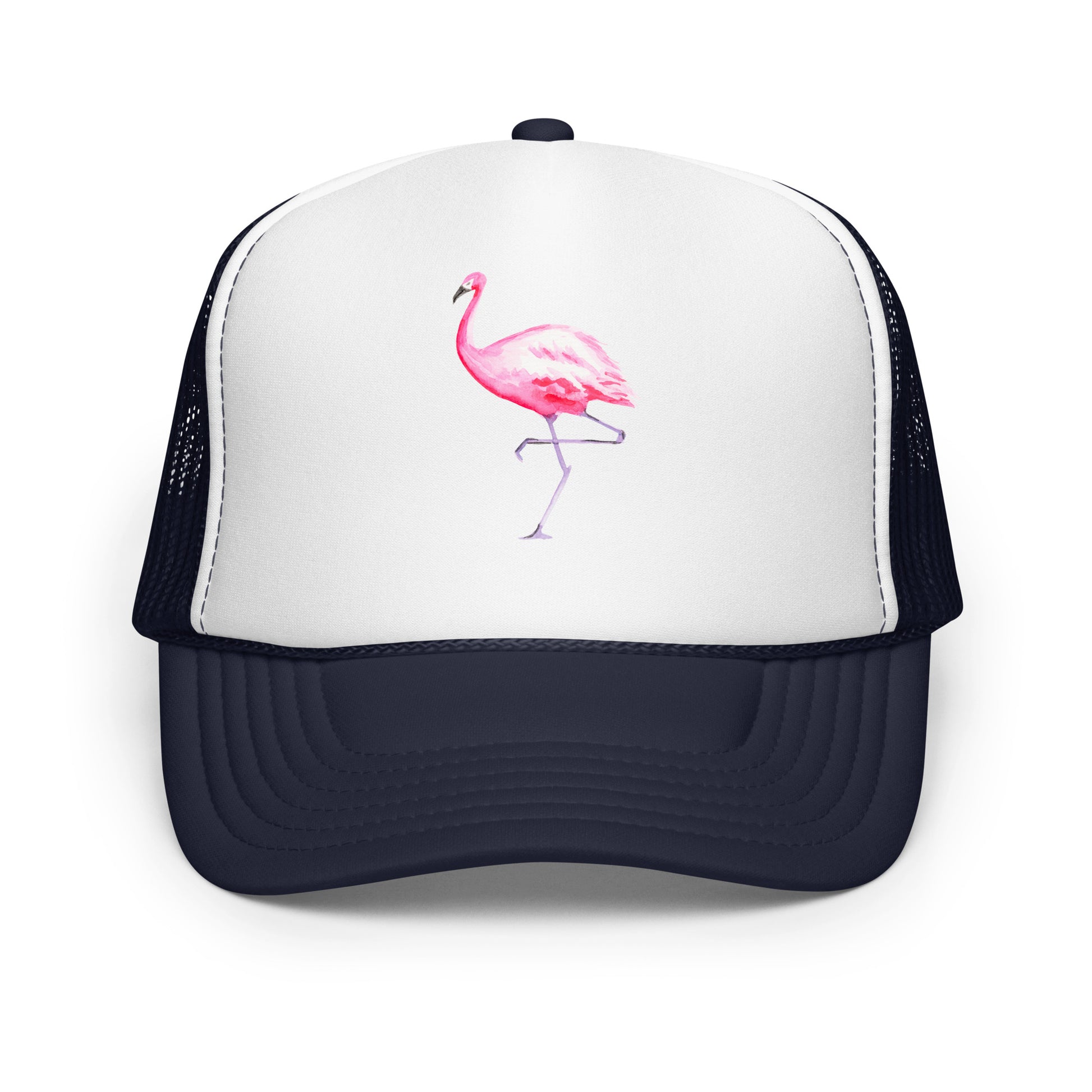 Pink Flamingo Watercolor Illustrated Trucker Hat | 9 Colors Navy White Navy