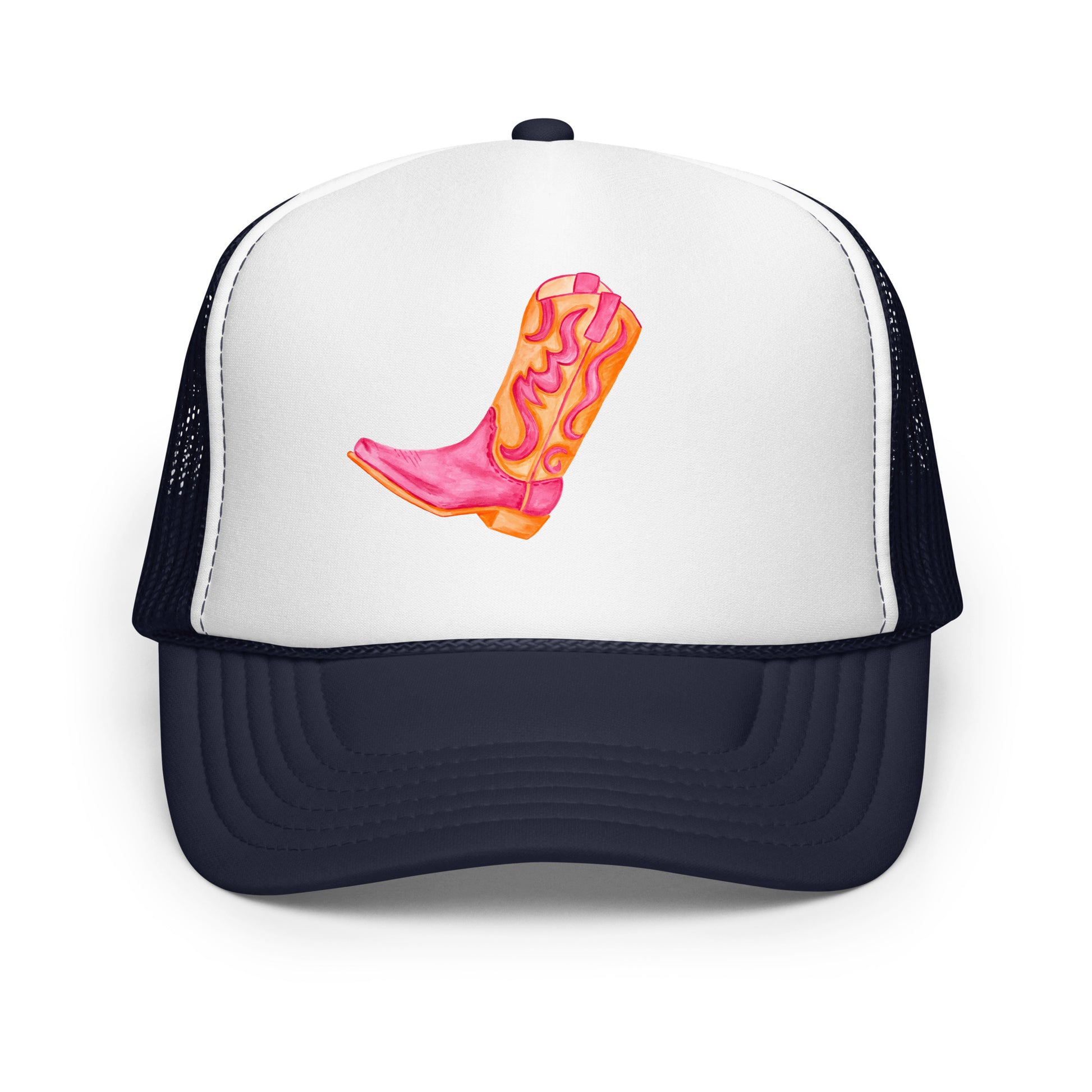 Hot Pink & Orange Cowboy Boot Watercolor Printed Trucker Hat | Various Colors Navy White Navy