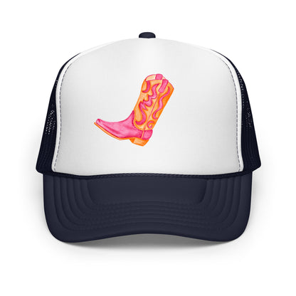 Hot Pink & Orange Cowboy Boot Watercolor Printed Trucker Hat | Various Colors Navy White Navy