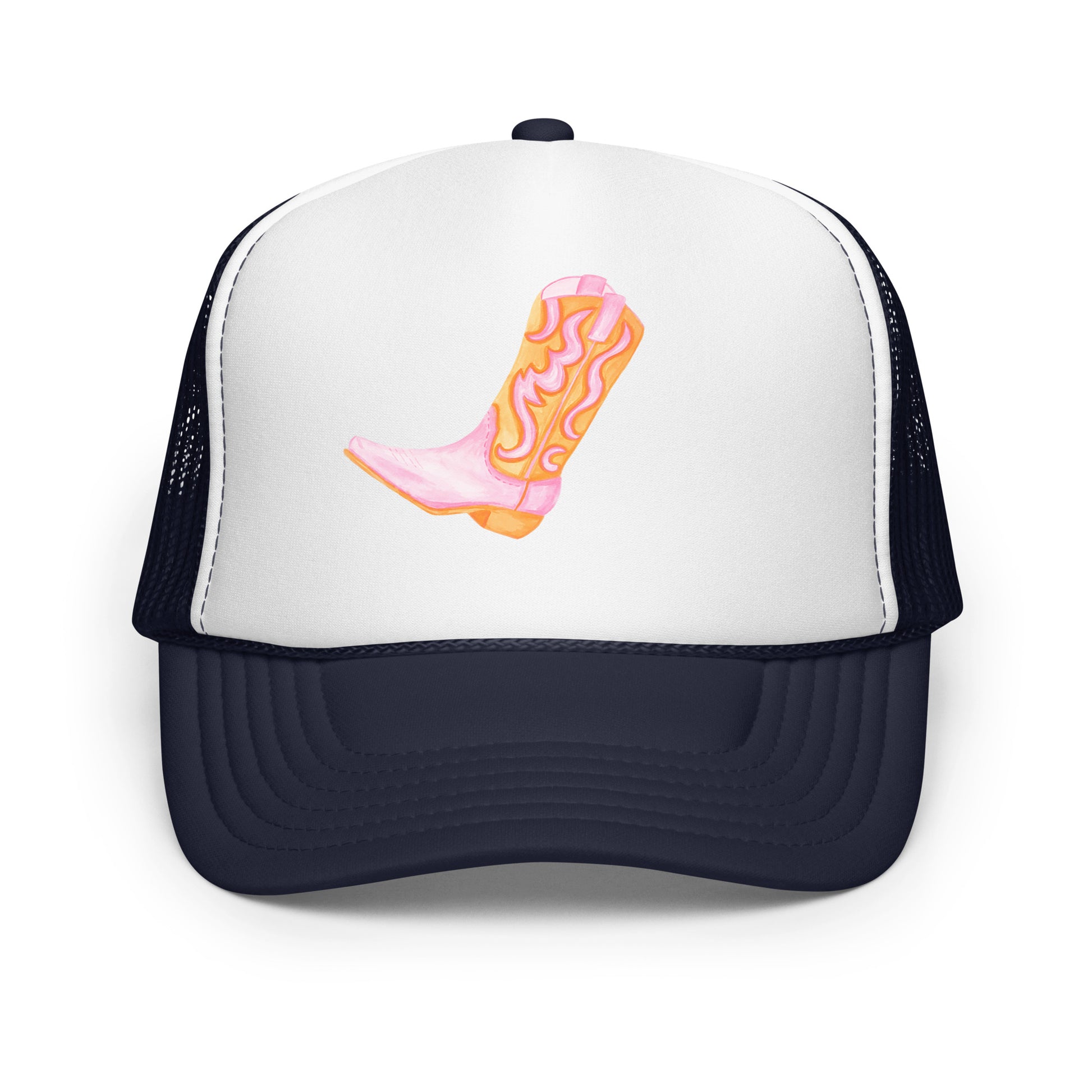 Light Pink & Orange Cowboy Boot Watercolor Printed Trucker Hat | Various Colors Navy White Navy