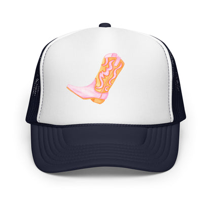 Light Pink & Orange Cowboy Boot Watercolor Printed Trucker Hat | Various Colors Navy White Navy