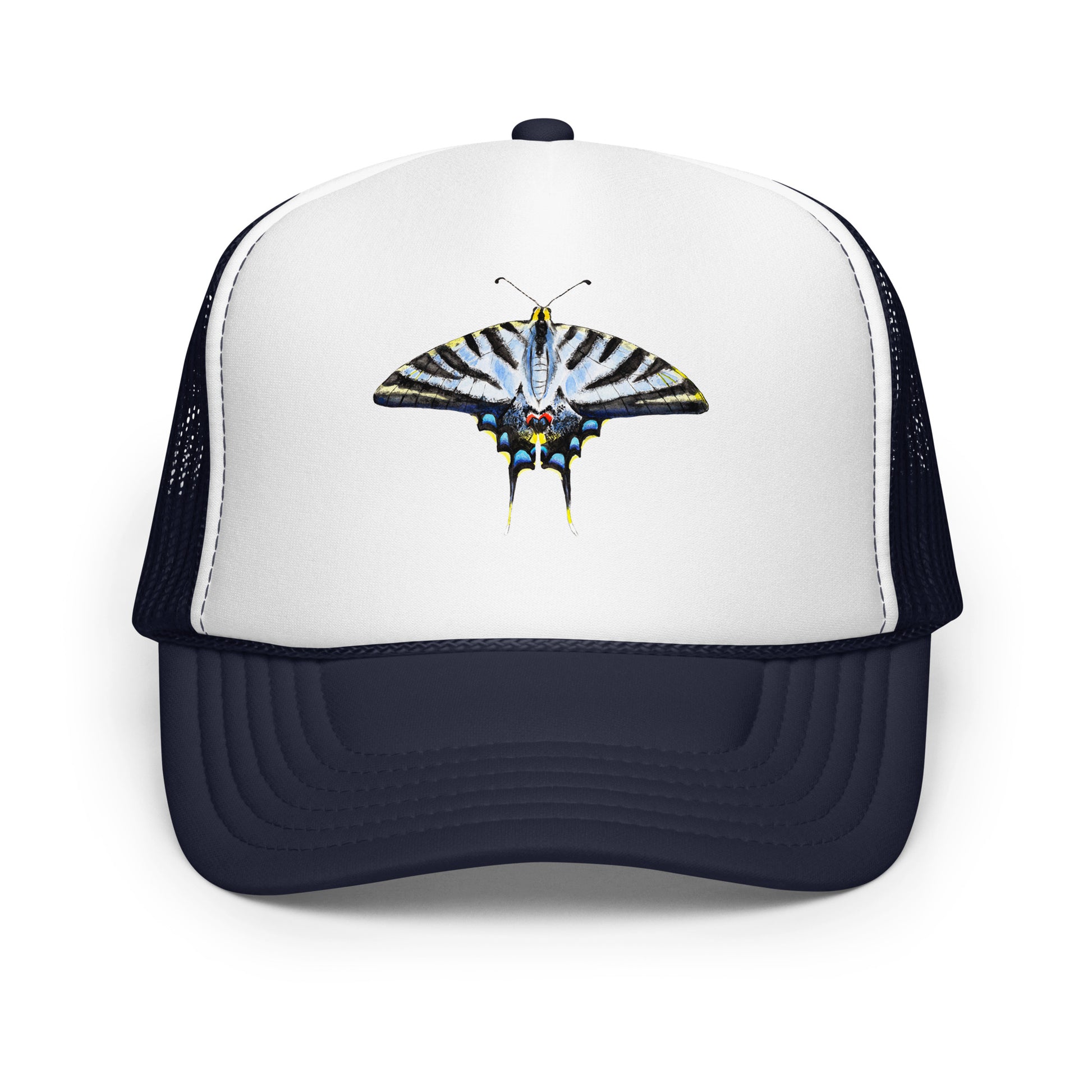 Light Blue Swallowtail Butterfly Watercolor Printer Trucker Hat | Various Hats Navy White Navy