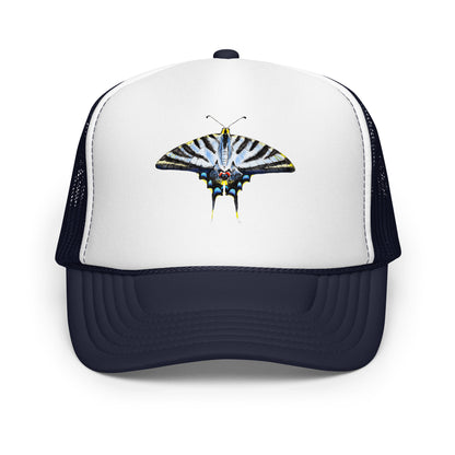 Light Blue Swallowtail Butterfly Watercolor Printer Trucker Hat | Various Hats Navy White Navy