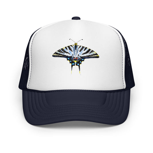 Light Blue Swallowtail Butterfly Watercolor Printer Trucker Hat | Various Hats Navy White Navy