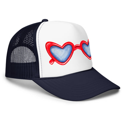 Red Heart Shaped Sunglasses Watercolor Illustration Trucker Hat | 4 Colors