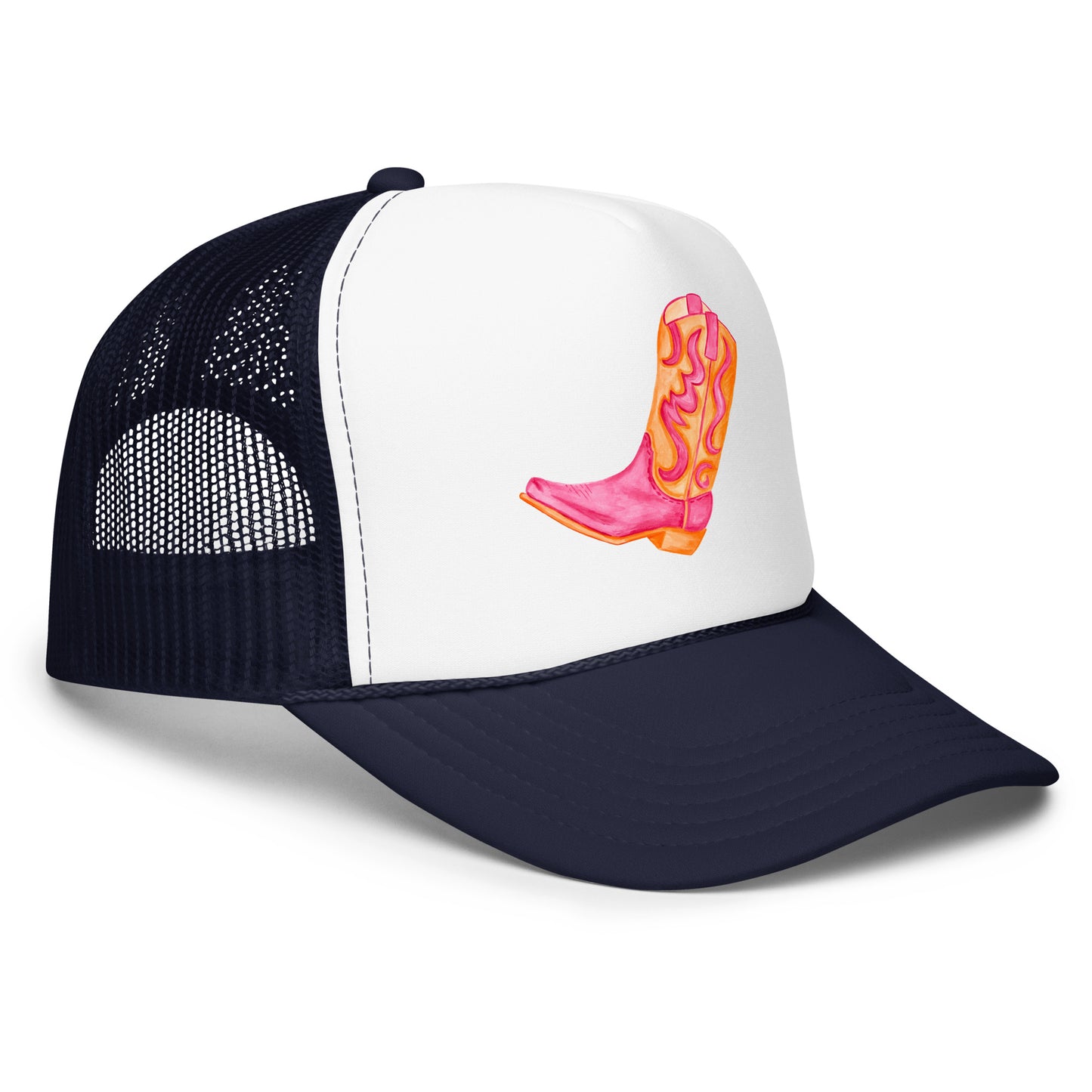 Hot Pink & Orange Cowboy Boot Watercolor Printed Trucker Hat | Various Colors