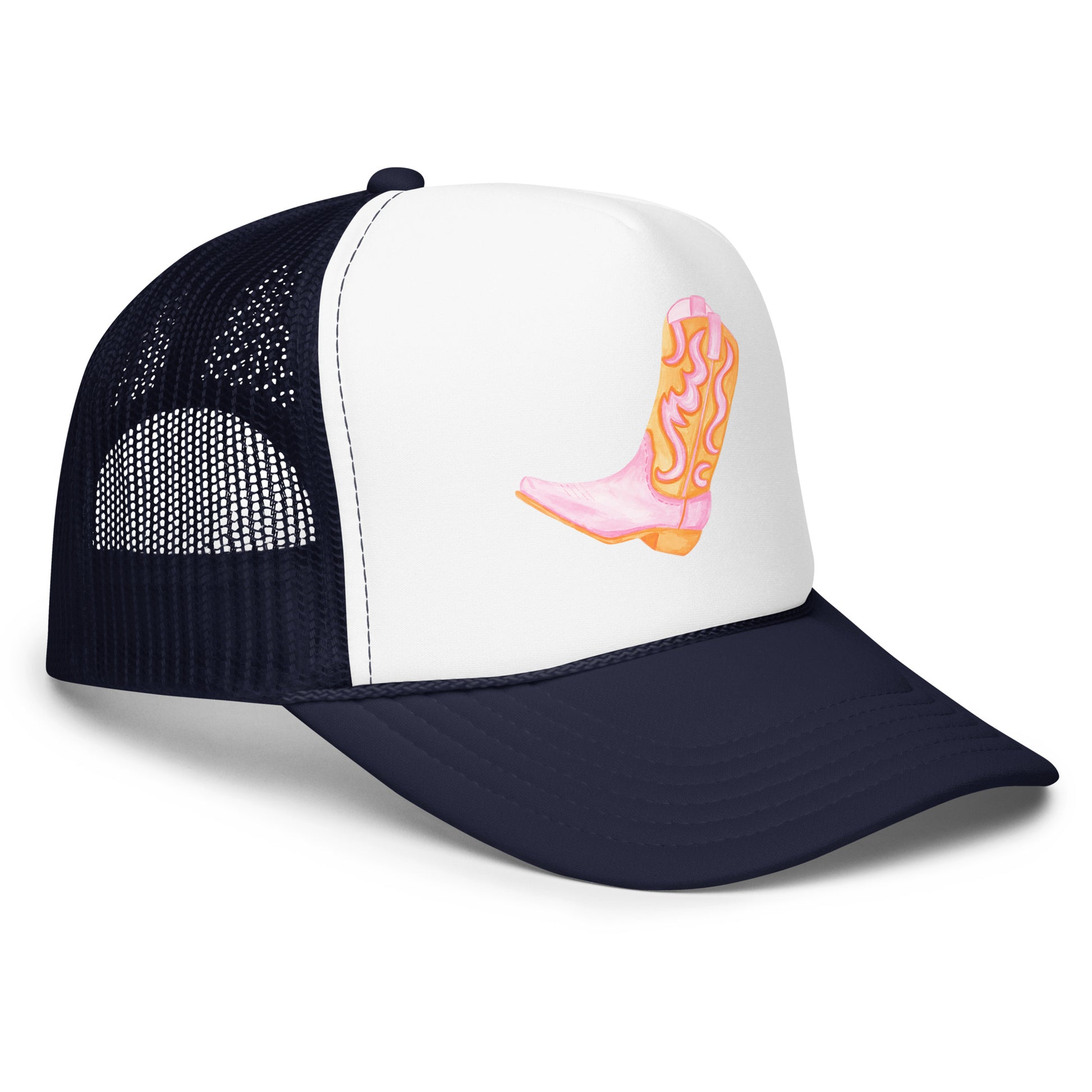 Light Pink & Orange Cowboy Boot Watercolor Printed Trucker Hat | Various Colors