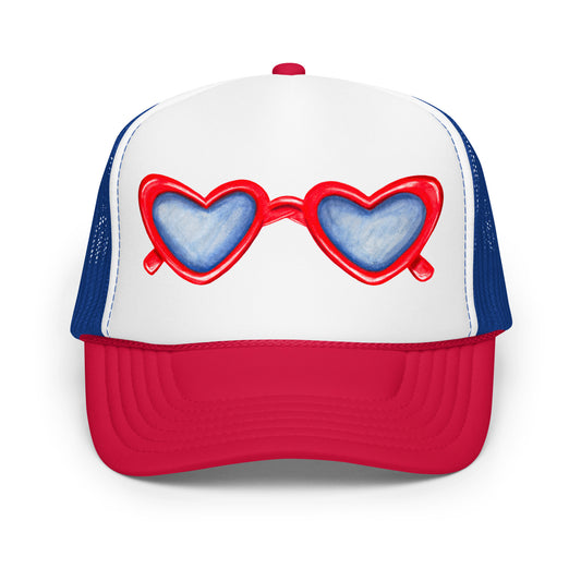 Red Heart Shaped Glasses Watercolor Illustration Trucker Hat | 4 Colors Red & White & Royal Blue