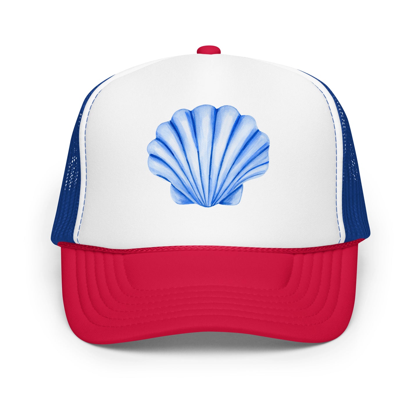 Blue Sea Shell Watercolor Illustrated Trucker Hat | 7 Colors Red White & Royal Blue