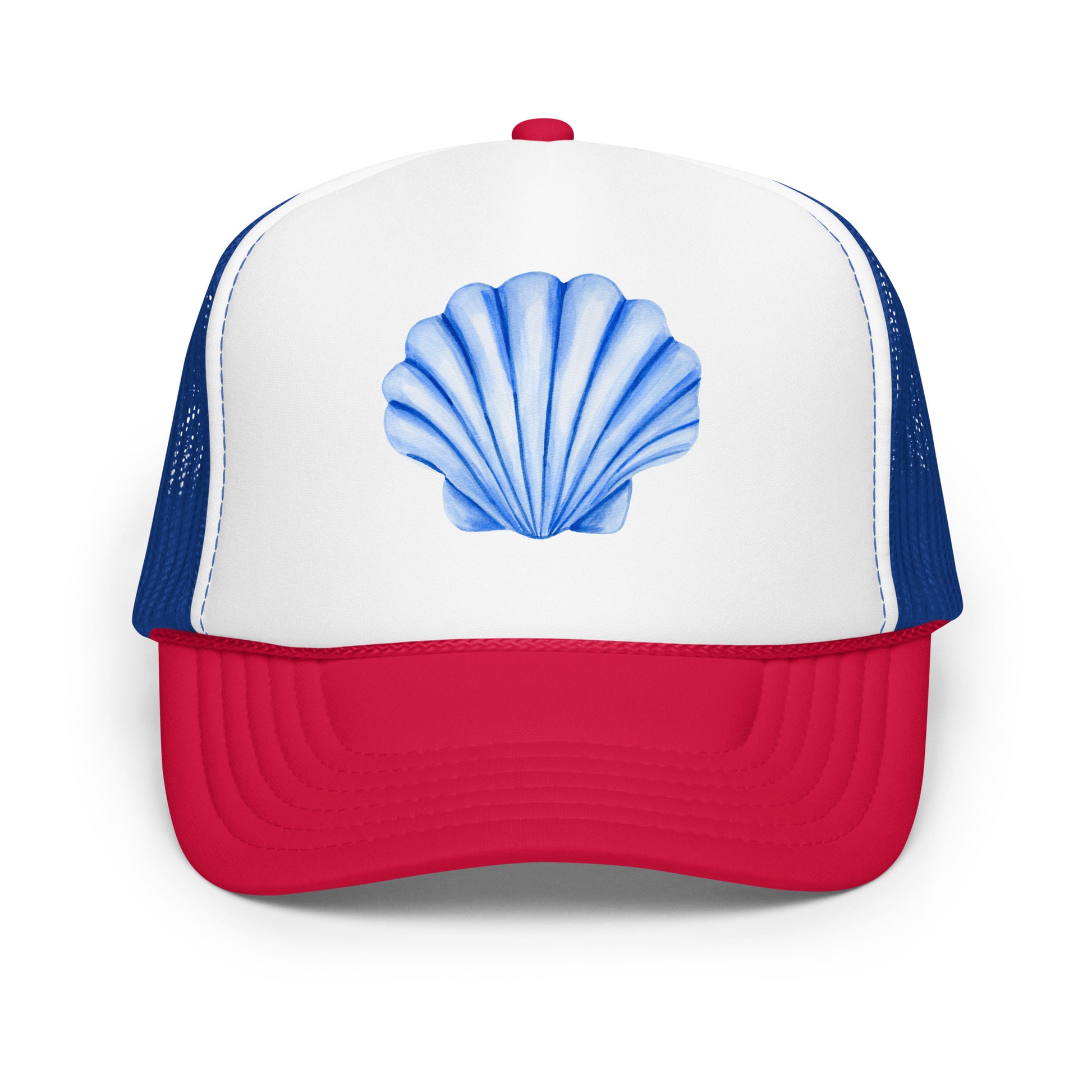 Blue Sea Shell Watercolor Illustrated Trucker Hat | 7 Colors Red White & Royal Blue