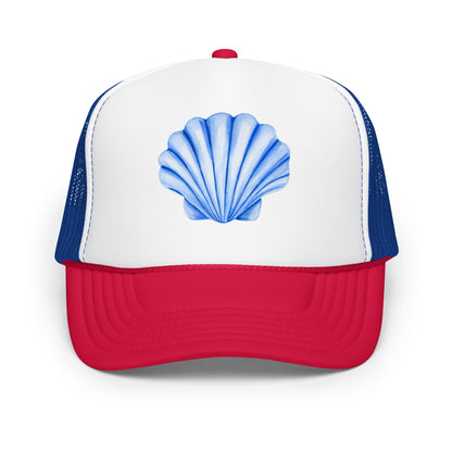 Blue Sea Shell Watercolor Illustrated Trucker Hat | 7 Colors Red White & Royal Blue