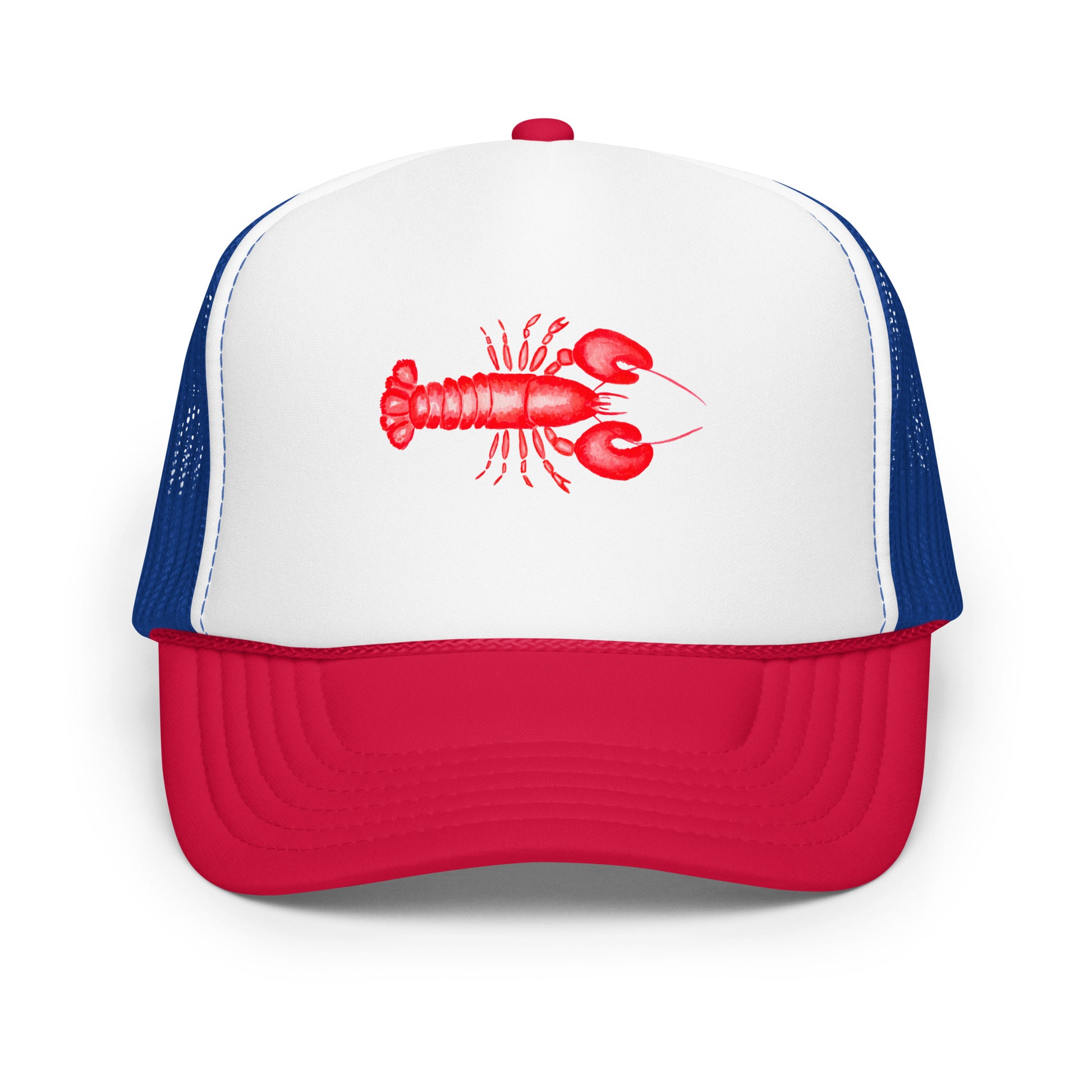 Mini Red Lobster Watercolor Illustrated Trucker Hat Red White Royal