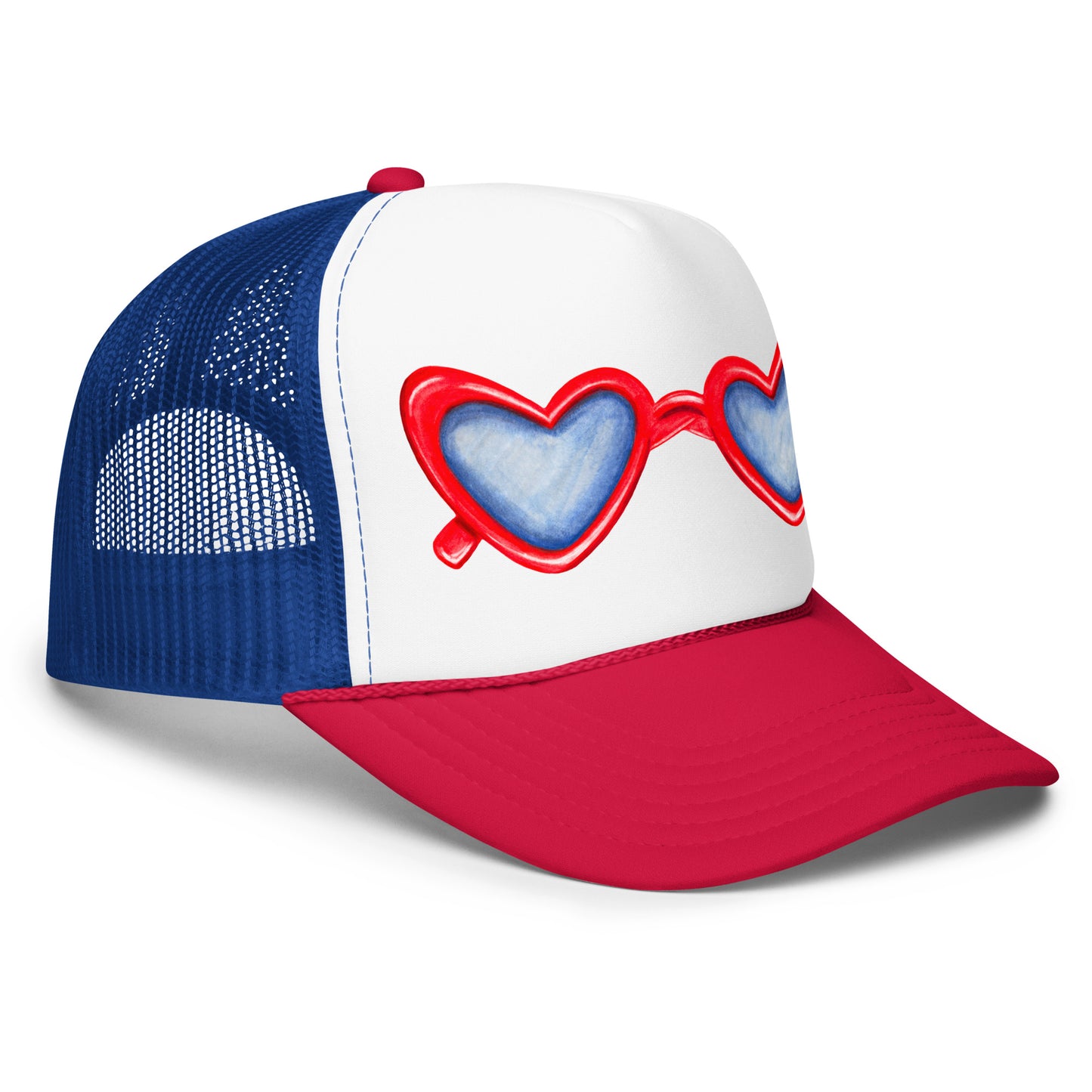 Red Heart Shaped Sunglasses Watercolor Illustration Trucker Hat | 4 Colors