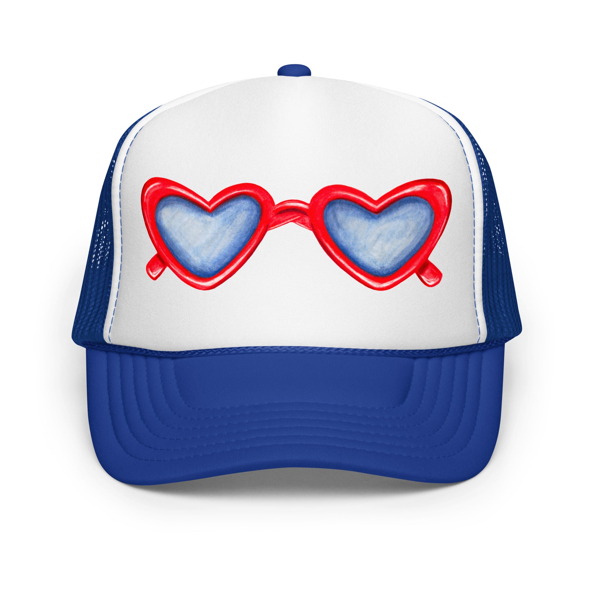 Red Heart Shaped Sunglasses Watercolor Illustration Trucker Hat | 4 Colors Royal Blue & White