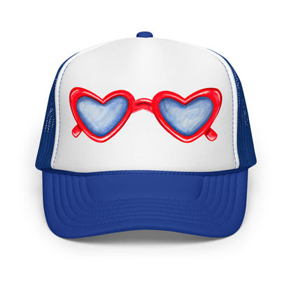 Red Heart Shaped Sunglasses Watercolor Illustration Trucker Hat | 4 Colors Royal Blue & White