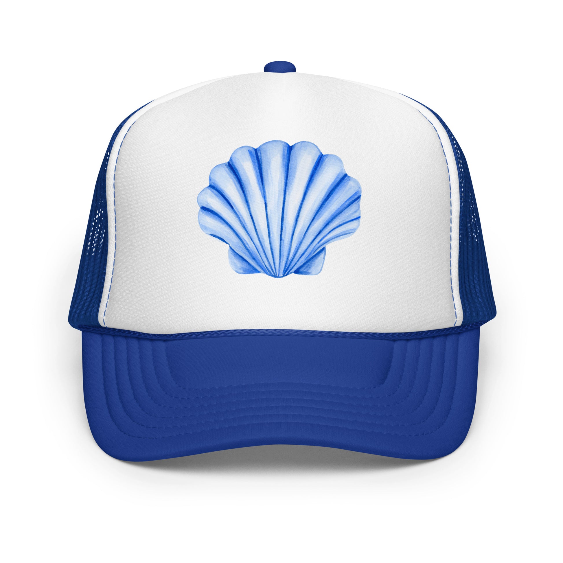 Blue Sea Shell Watercolor Illustrated Trucker Hat | 7 Colors Royal Blue & White