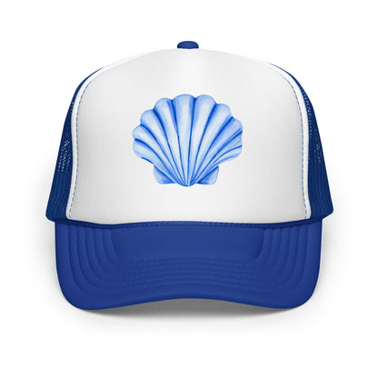 Blue Sea Shell Watercolor Illustrated Trucker Hat | 7 Colors Royal Blue & White