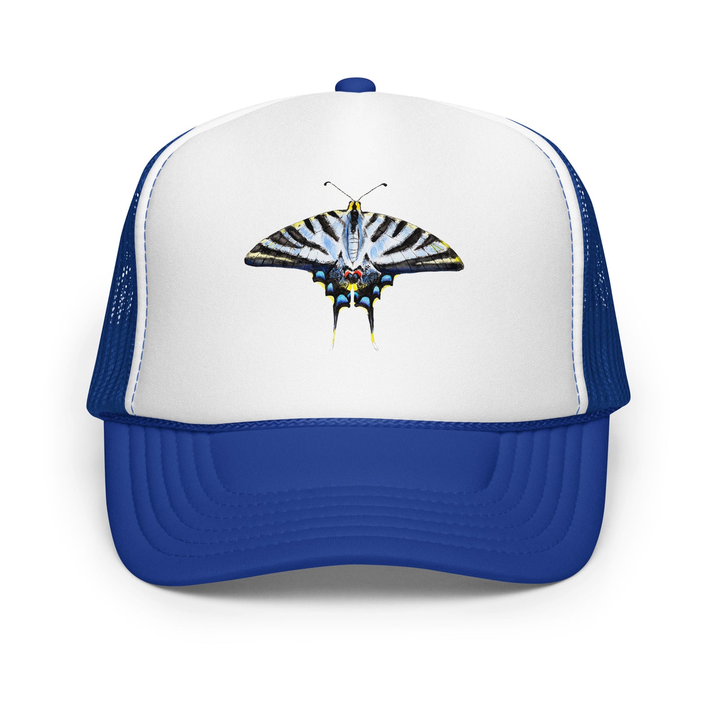Light Blue Swallowtail Butterfly Watercolor Printer Trucker Hat | Various Hats Royal White Royal