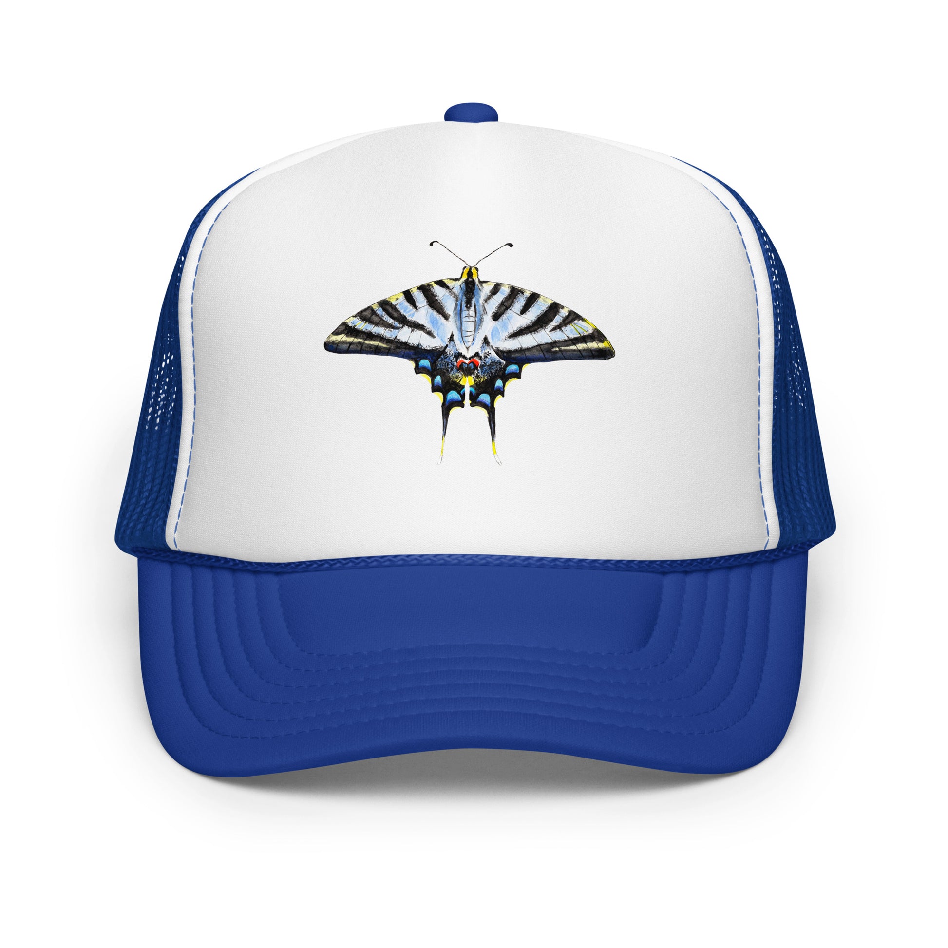 Light Blue Swallowtail Butterfly Watercolor Printer Trucker Hat | Various Hats Royal White Royal
