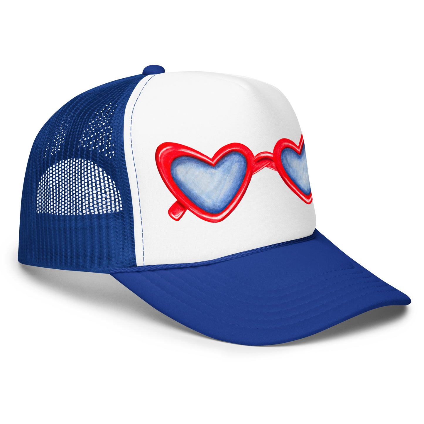 Red Heart Shaped Sunglasses Watercolor Illustration Trucker Hat | 4 Colors