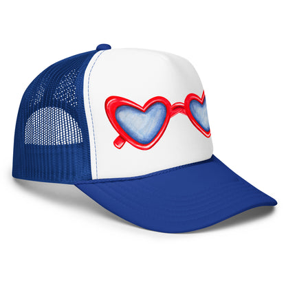 Red Heart Shaped Sunglasses Watercolor Illustration Trucker Hat | 4 Colors