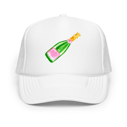 Trucker Hat | Pink & Green Champagne Bottle Watercolor Illustration White