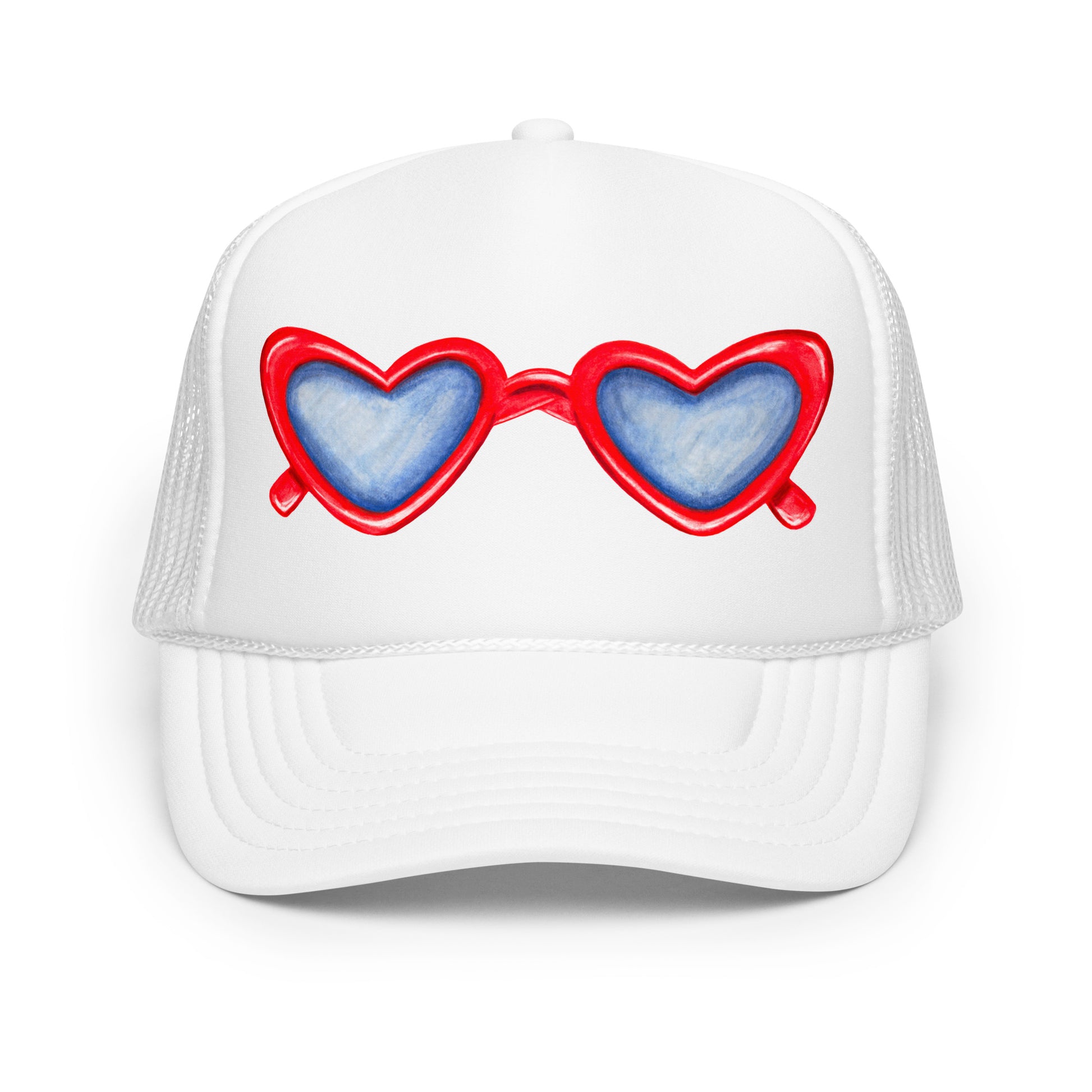 Red Heart Shaped Sunglasses Watercolor Illustration Trucker Hat | 4 Colors White