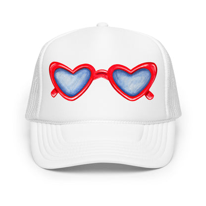 Red Heart Shaped Sunglasses Watercolor Illustration Trucker Hat | 4 Colors White